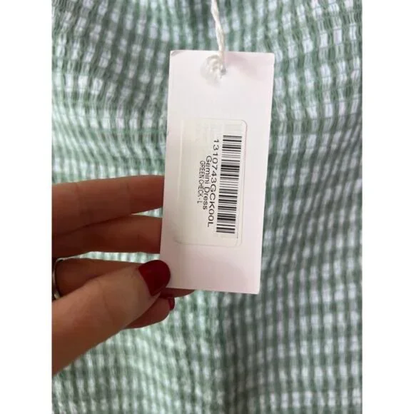 NWT Reformation Gemini Check Tie Strap Ruffle Hem Smocked Mini Dress Green